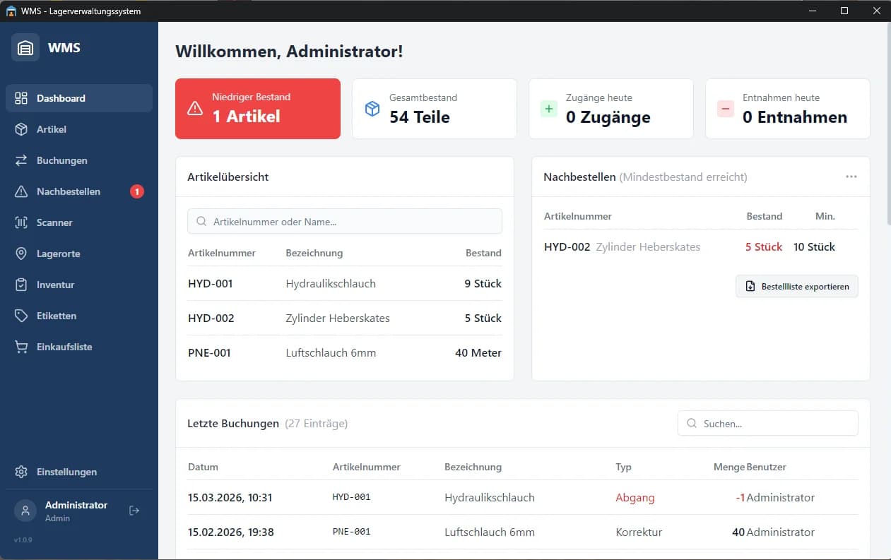 Screenshot: Lagerverwaltung mit Electron