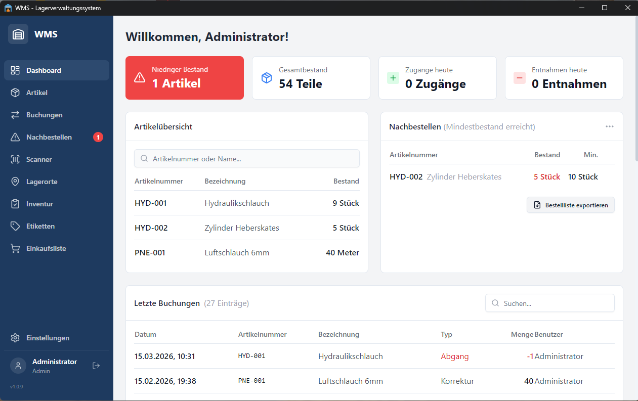 Screenshot: Lagerverwaltung mit Electron